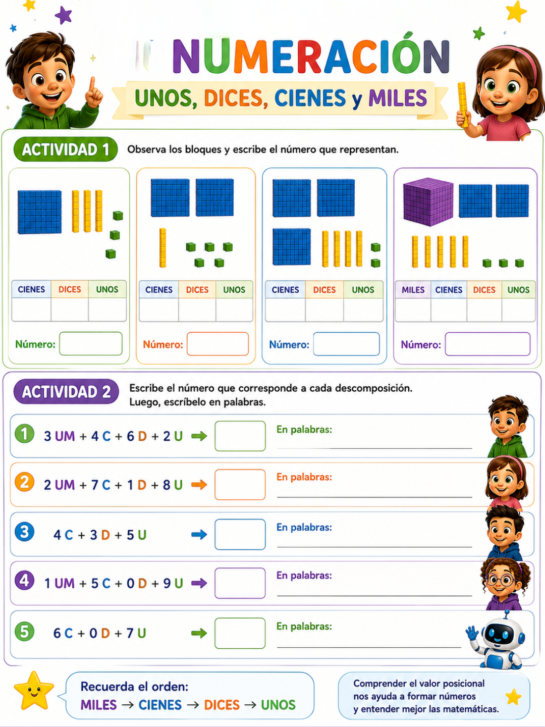 🟢🟡🔵🟣 UNOS · DIECES · CIENES · MILES